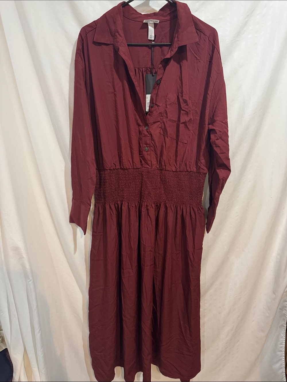 Universal Thread Burgundy Button-Front Long Sleeve Smocked Waist Dress